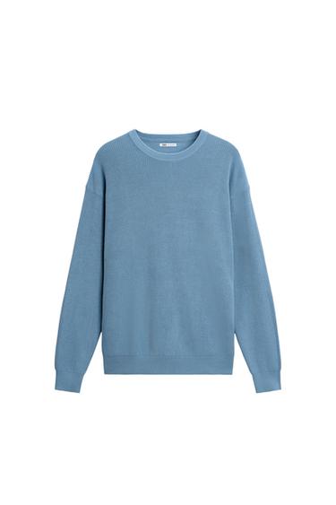 Front view of a light blue knitted jumper with a crew neck and long sleeves.