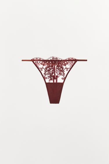 TANGA EN DENTELLE BRODÉE - Rouge foncé de Zara - Image 2