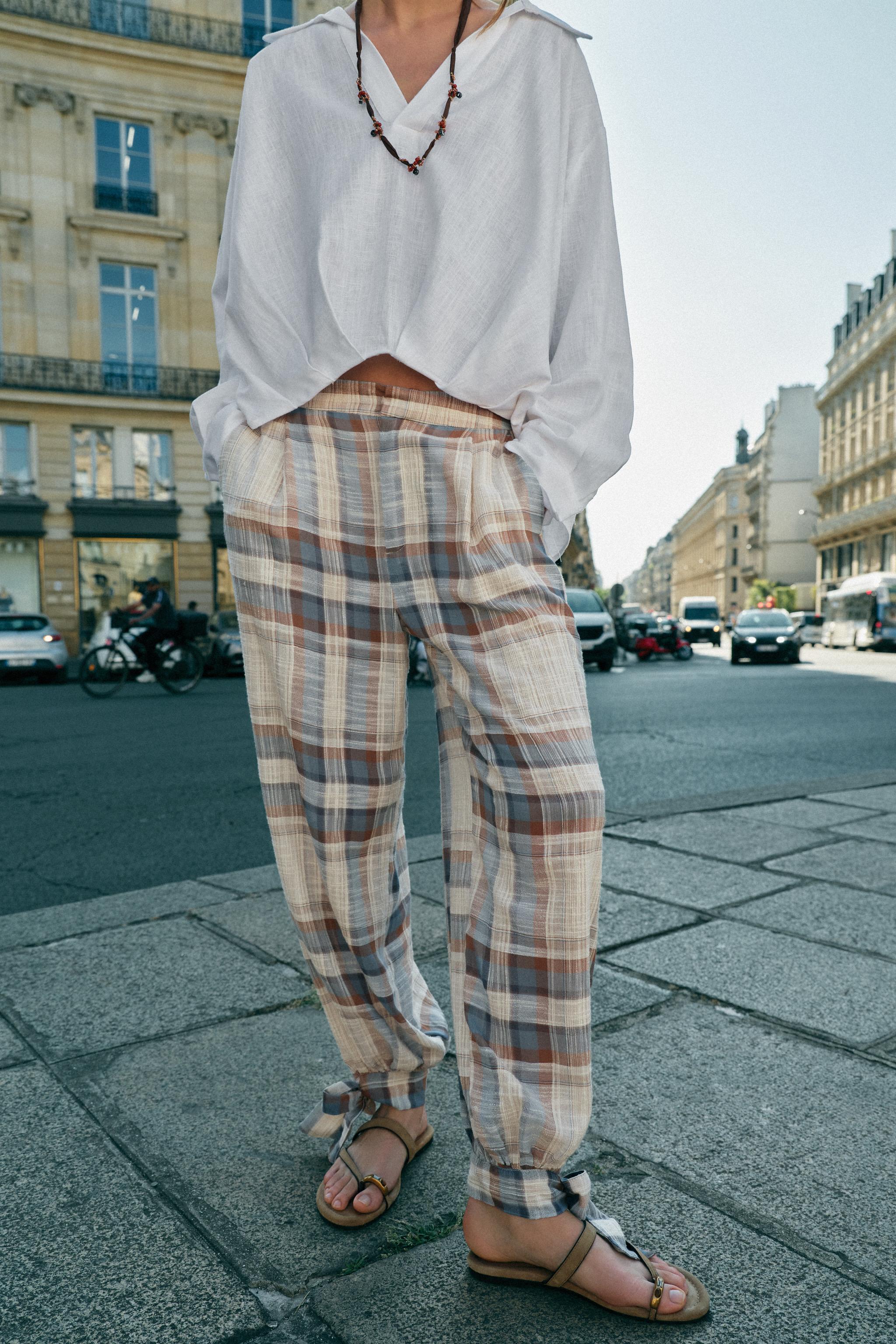 PLAID BOW BALLOON PANTS — Brown-Blue