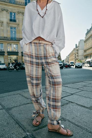 Zara PLAID BOW BALLOON PANTS - Brown-Blue