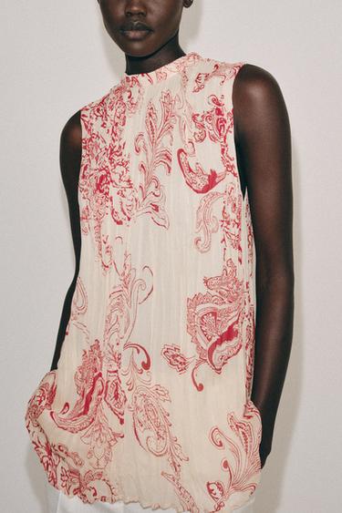 Zara ZW COLLECTION PRINTED TOP - Ecru / Red
