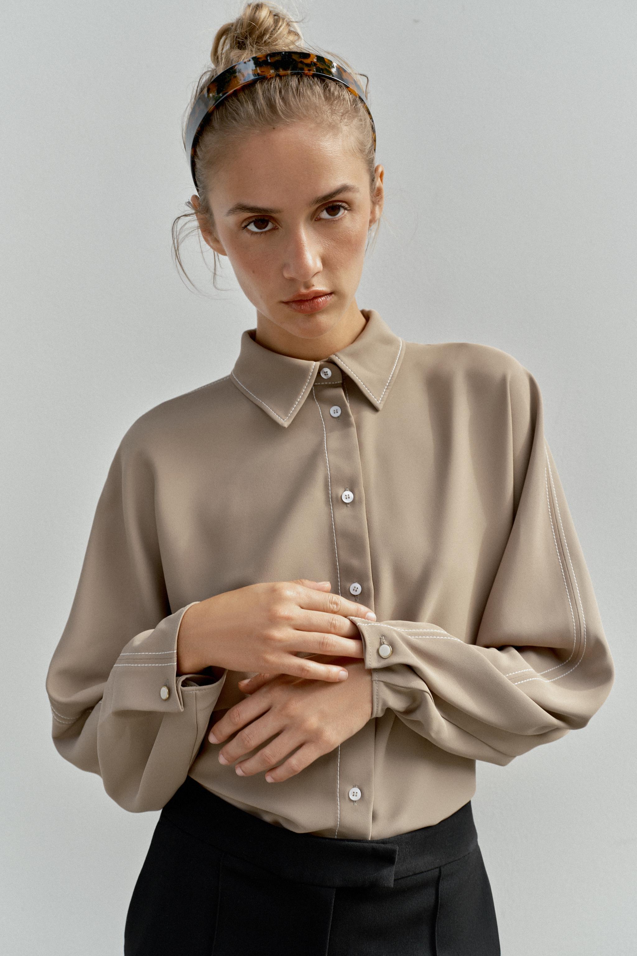 CONTRAST TOPSTITCHING SHIRT — Brown / Taupe
