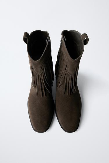 LEATHER COWBOY ANKLE BOOTS WITH FRINGES - Brown by Zara - Image 4