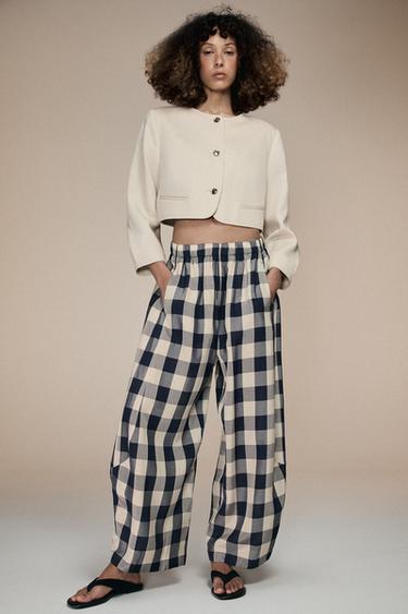 Zara ZW GINGHAM PLAID PANTS - Navy / White
