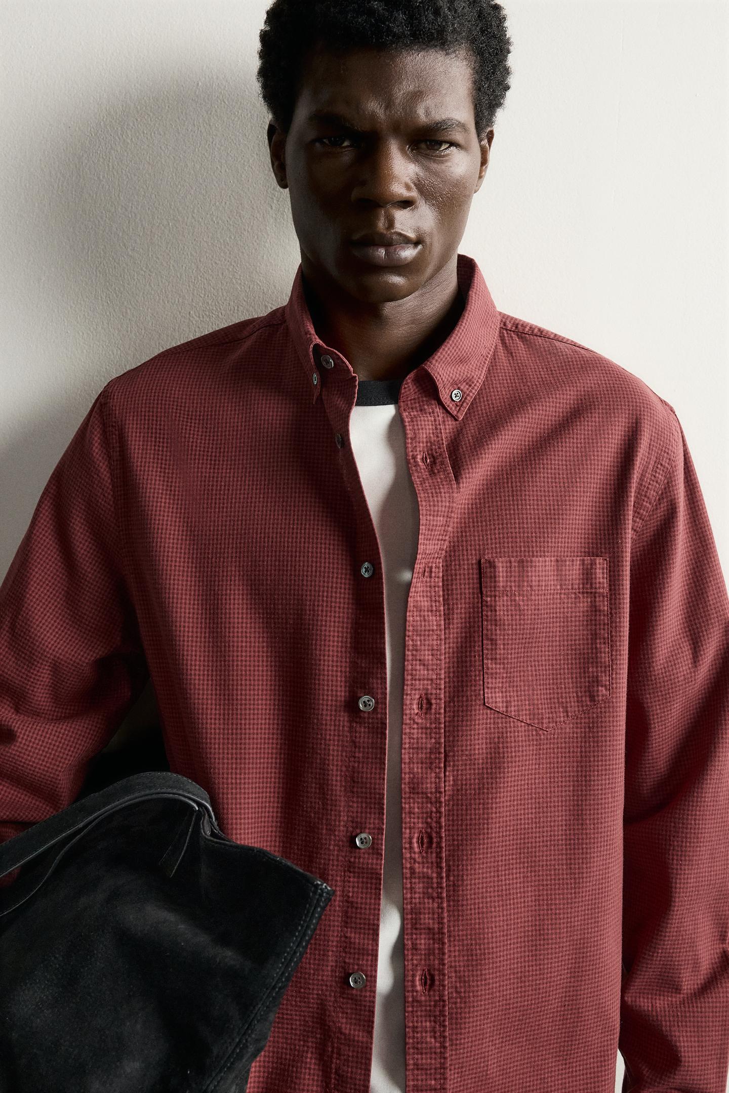 Мужская рубашка Zara Plaid Regular Fit, цвет: Тёмно-бордовый — фото 5