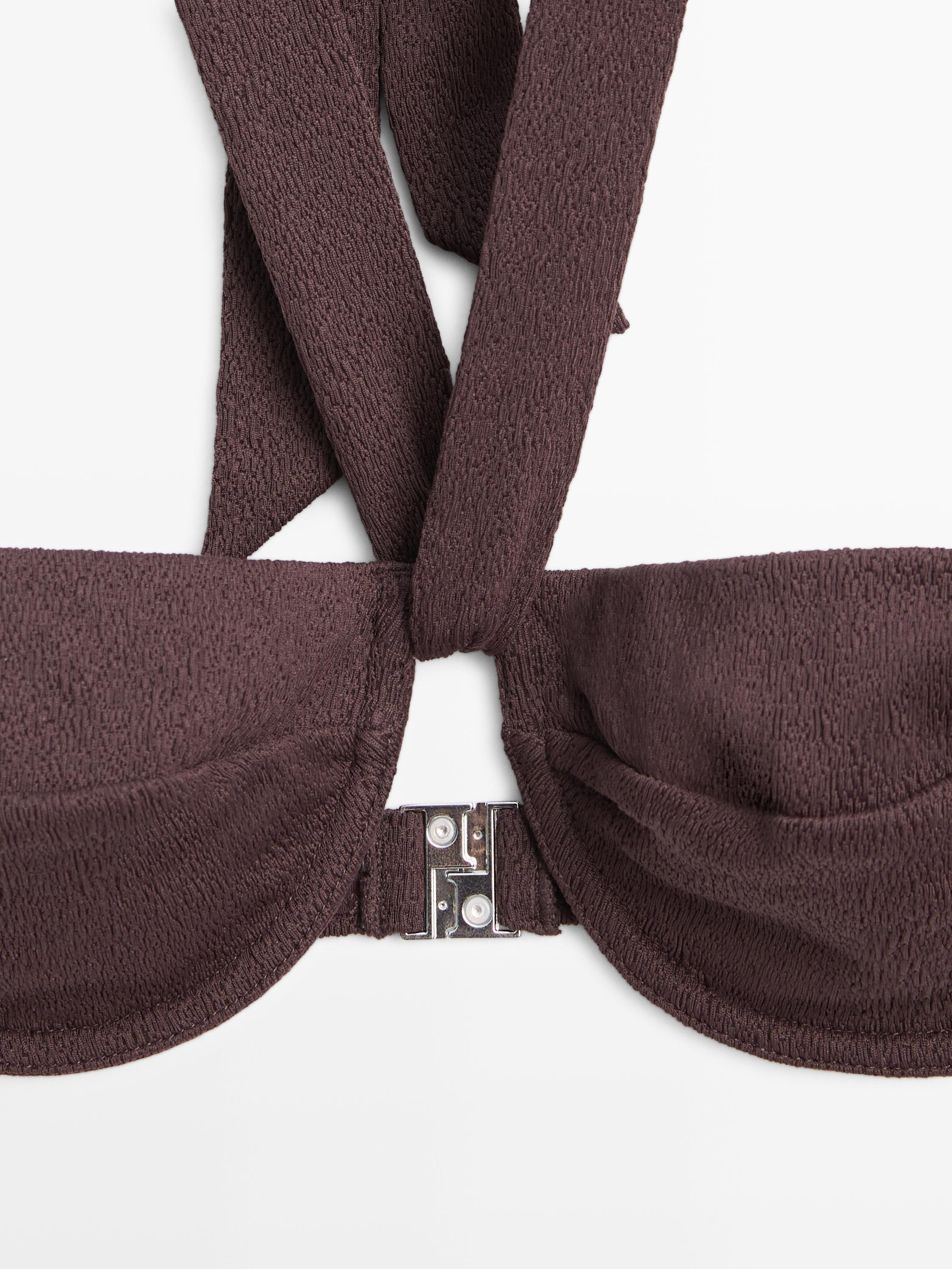 Textured bikini top with underwire and tied neck