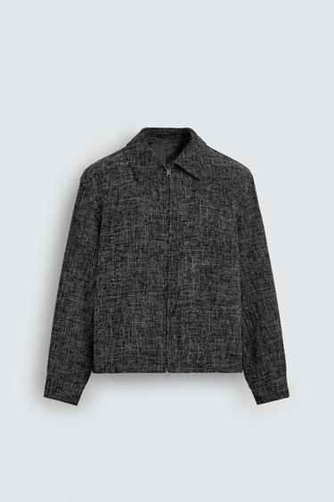 Zara TEXTURED ZIP-UP OVERSHIRT - Black / White