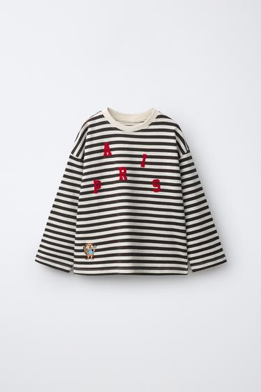 STRIPED EMBROIDERED FLOCKED SLOGAN T-SHIRT - Brown / Ecru by Zara