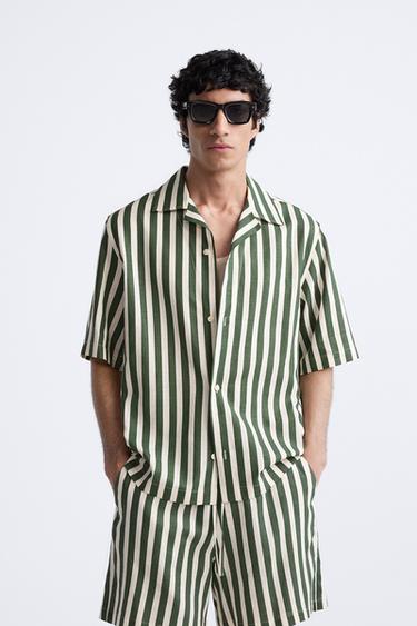 STRIPED VISCOSE/LINEN BLEND SHIRT - Green / Ecru by Zara