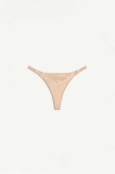 SILK THONG WITH LACE TRIM - Beige-pink by Zara