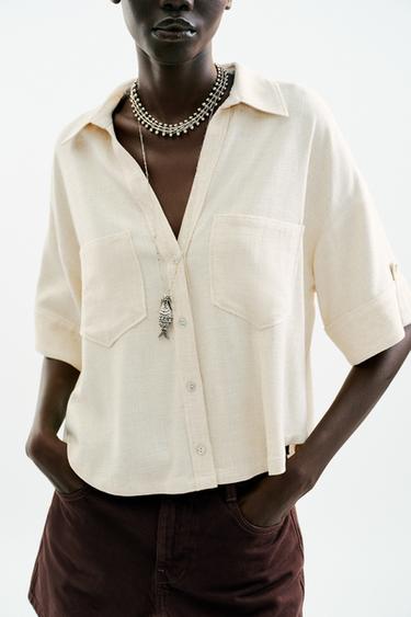 Zara LINEN BLEND CROPPED SHIRT - Sand