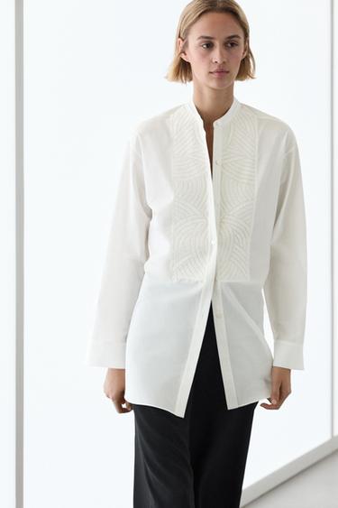 Zara 100% cotton poplin shirt with embroidered bib - White