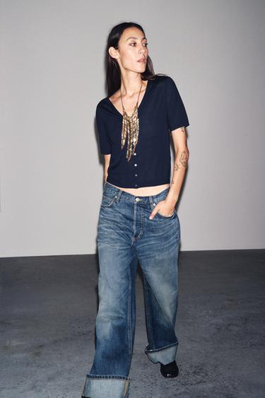 100% EXTRAFINE WOOL SHORT SLEEVE CARDIGAN - Navy blue by Zara - Image 2