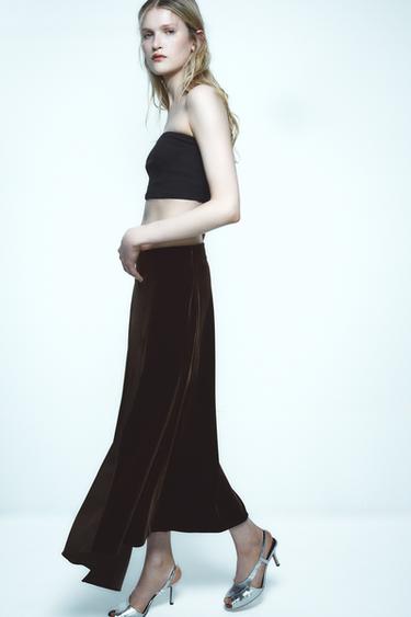 Zara COMBINED VELVET MIDI SKIRT - Chocolate