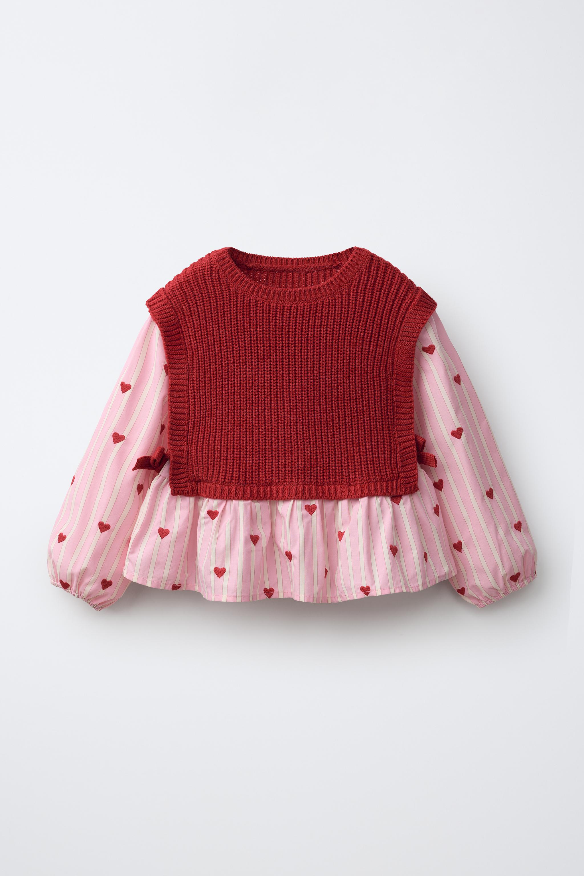 TULIP EMBROIDERED SHIRT WITH KNIT VEST — Red