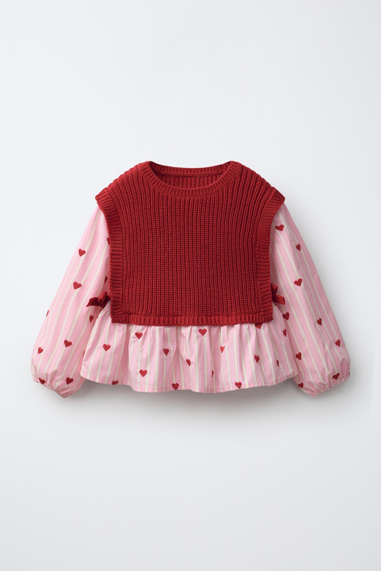 HEART EMBROIDERED KNIT VEST SHIRT — Red