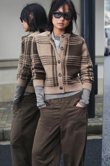 CHECK KNIT CARDIGAN - mink brown by Zara