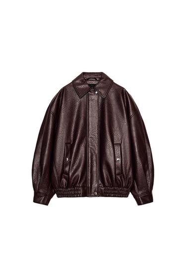 Front view of a burgundy bomber jacket with a lapel collar, front pockets with snap buttons, and a concealed zip fastening.