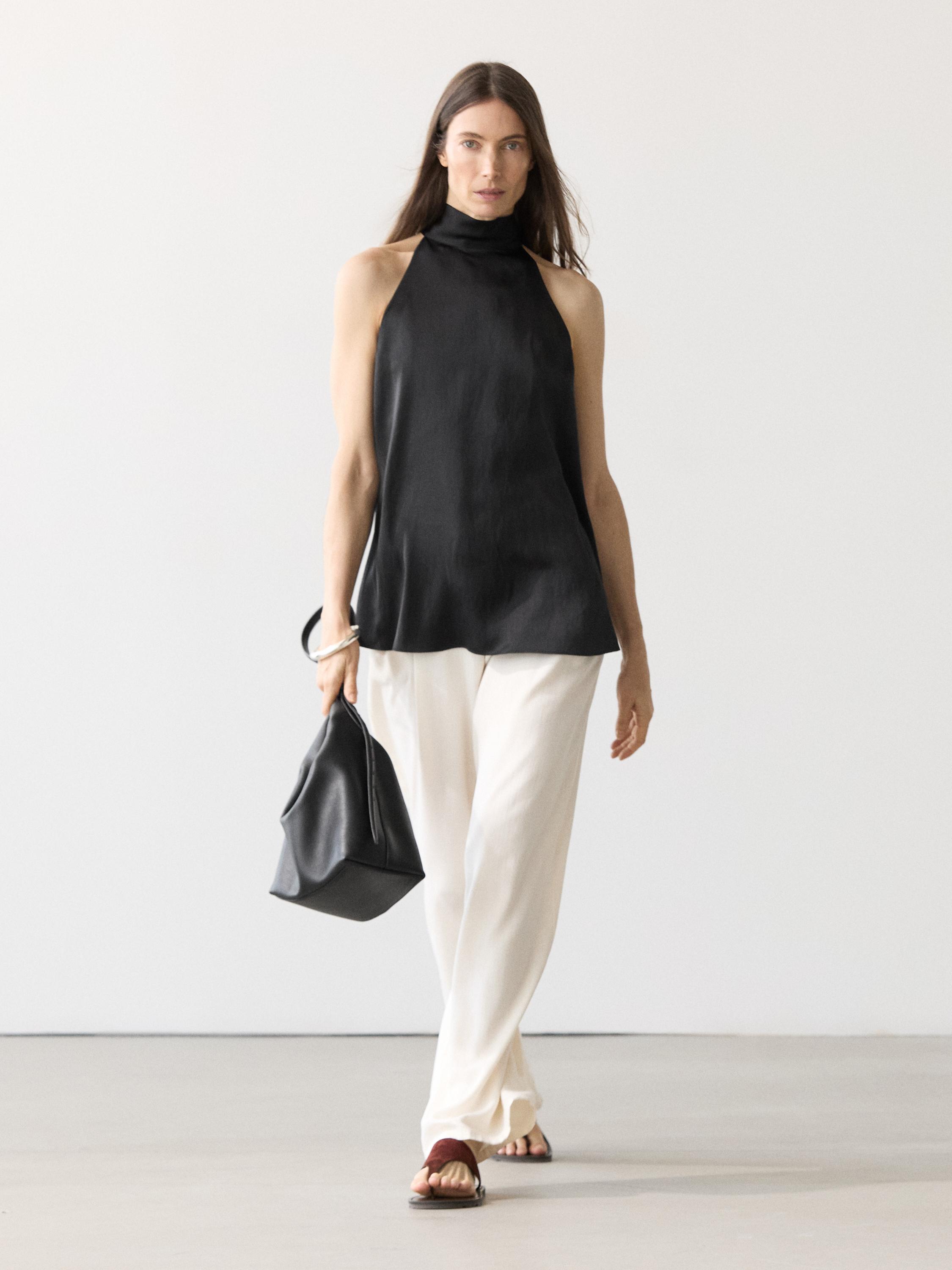 Satin halter top with tie detail