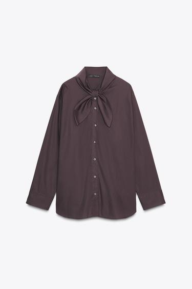 POPLIN SHIRT WITH SCARF DETAIL - Dark brown by Zara - Image 7