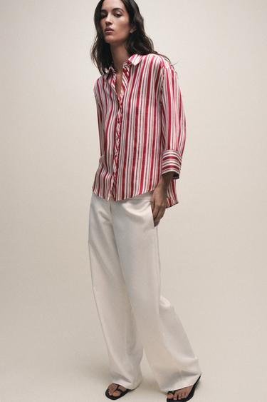 Zara STRIPED TURN-UP SLEEVE SHIRT - Red / White