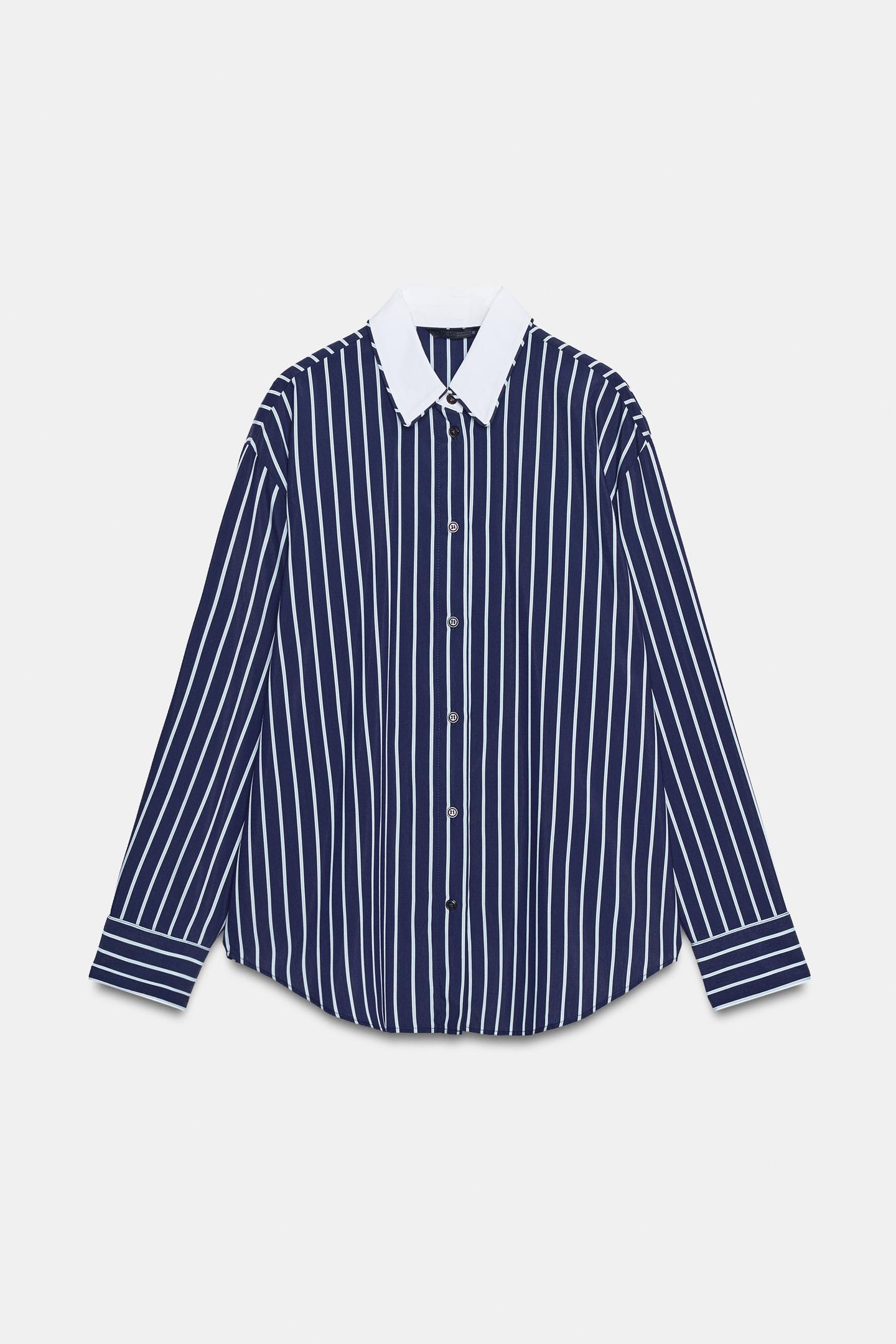 Женская рубашка Zara Striped Poplin, цвет: Синий / Тёмно-синий — фото 7