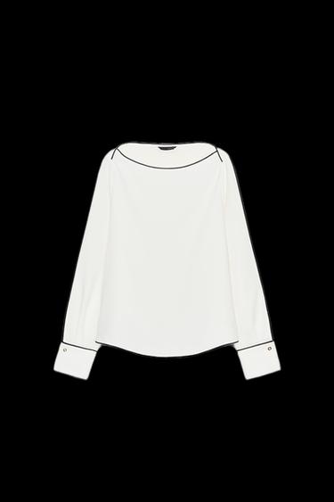 CRÊPE-BLUSE MIT KONTRASTPIPING - Weiß / Schwarz von Zara - Bild 0