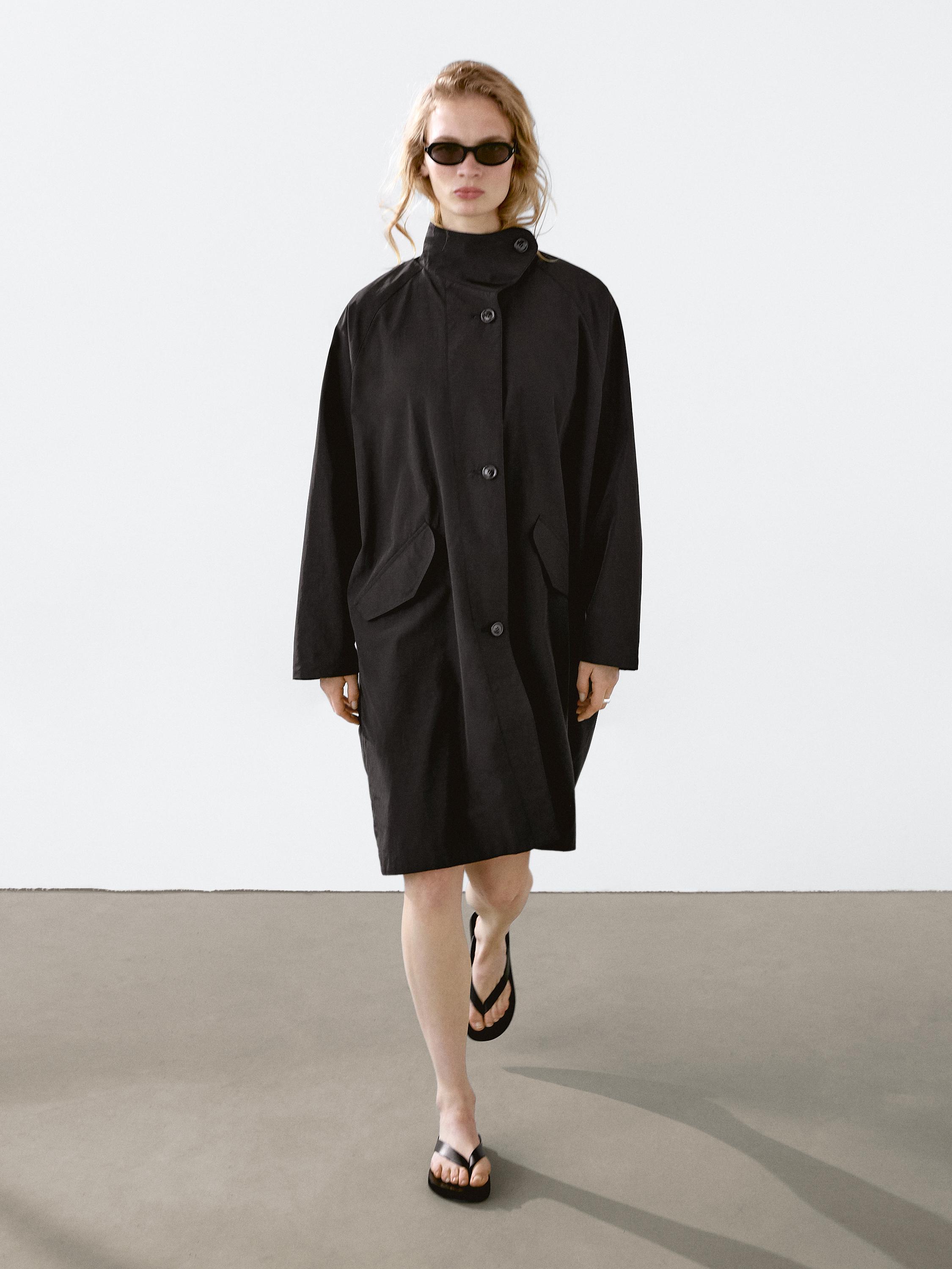 Oversize flowing trench coat water-repellent fabric