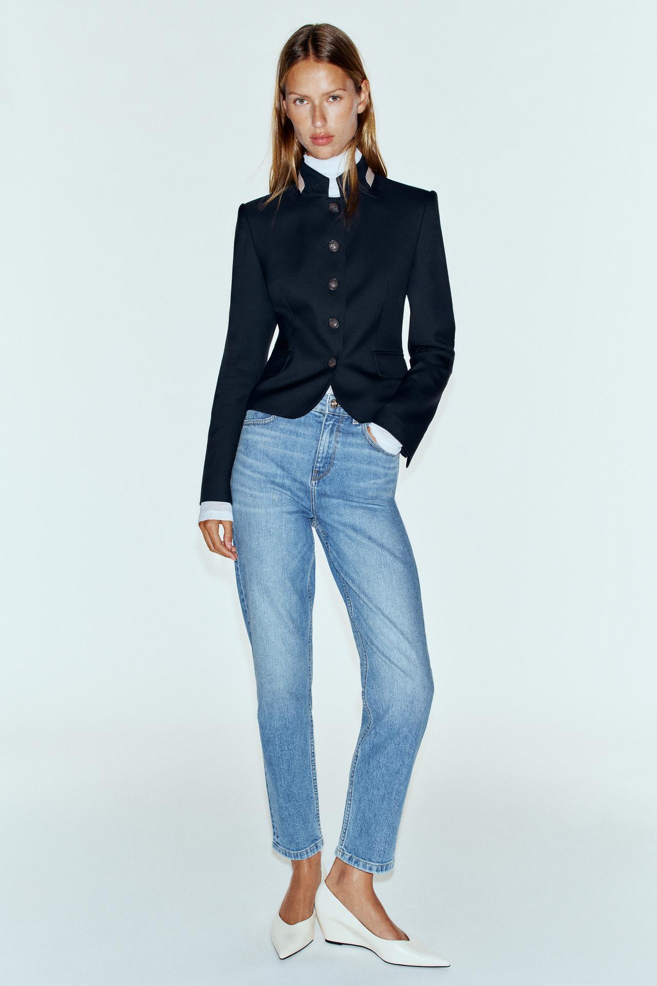 CONTRAST COLLAR BLAZER — Navy blue