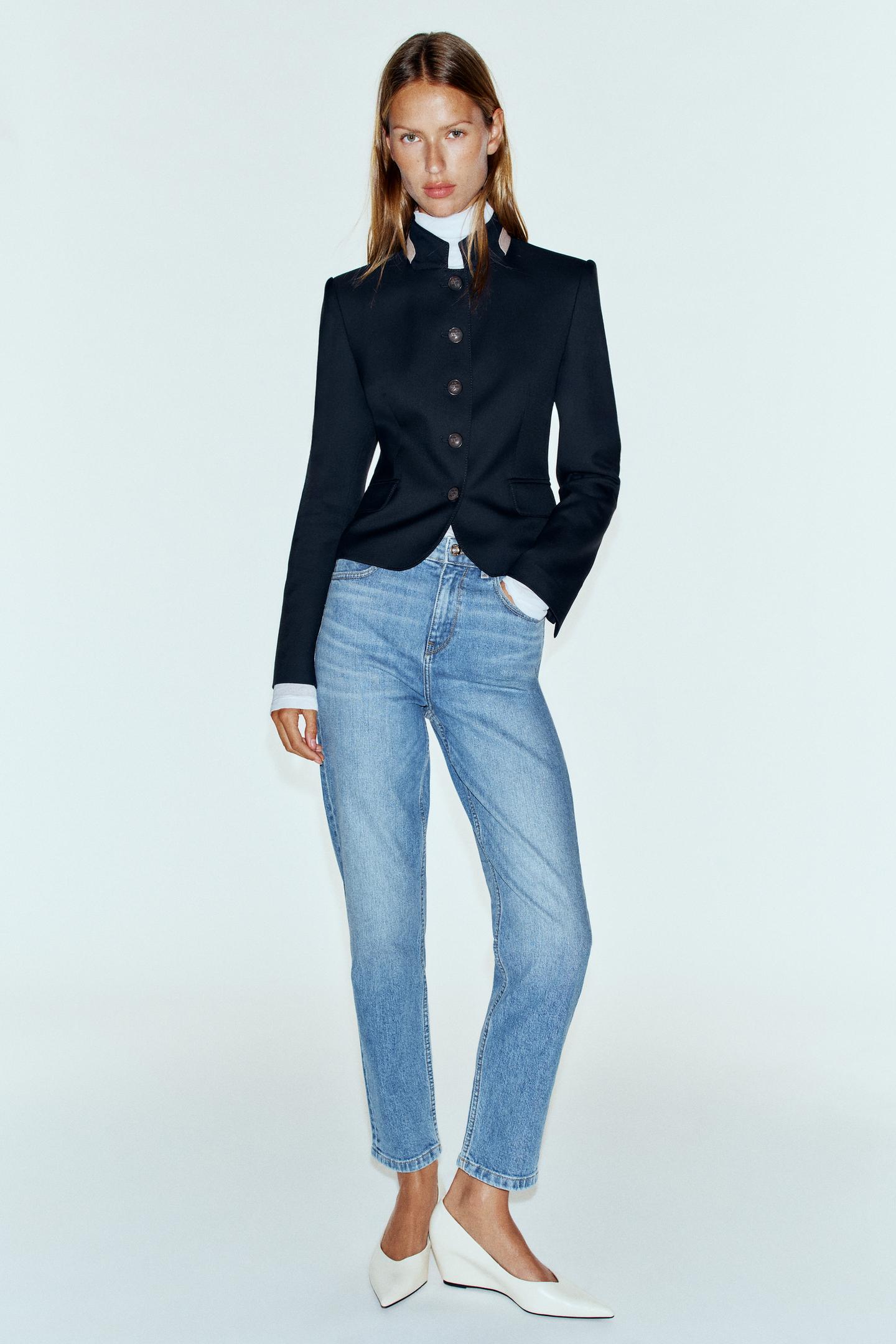 Женский пиджак Zara Contrast Collar, цвет: Тёмно-синий — фото 1