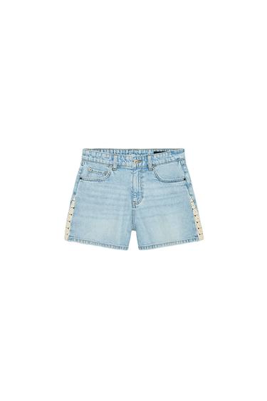 QUẦN SHORT Z1975 ĐÍNH LEN MÓC - Màu xanh dịu từ Zara