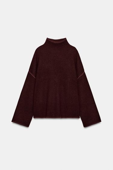 Zara HIGH NECK KNIT JUMPER - Burgundy - Image 0