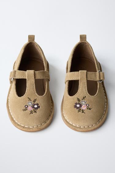 EMBROIDERED LEATHER T-BAR BALLET FLATS - Sand Brown by Zara - Image 3