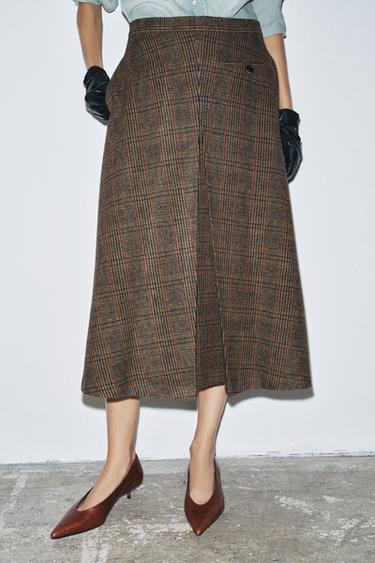 JUPE À CARREAUX PLIÉE AVEC LAINE ZW COLLECTION - Marron-Bleu de Zara - Image 5