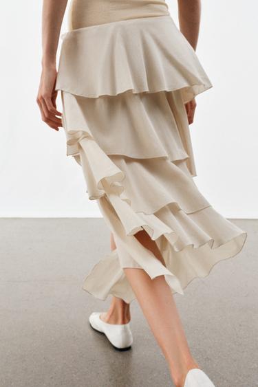 ZW COLLECTION FLOWING RUFFLE SKIRT - Beige / Green by Zara