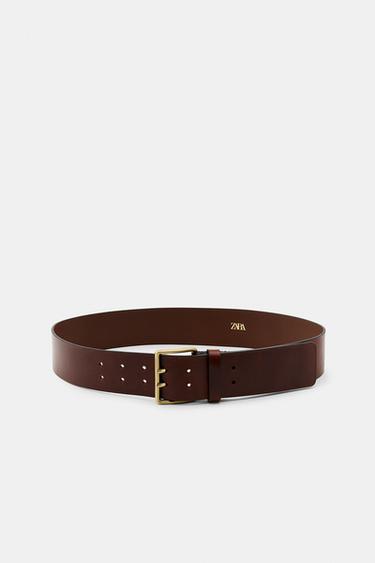 Zara LEATHER BELT WITH SQUARE BUCKLE - Brown