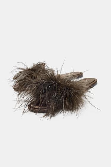 FEATHER FLAT SANDALS - Chocolate Brown by Zara - Image 1