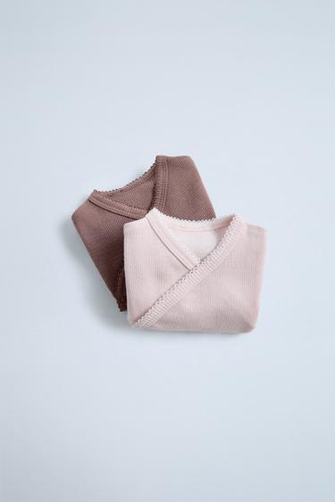 Zara TWO-PACK BOX OF WRAP NECK MERINO WOOL BLEND BODYSUITS - Brown - Image 0