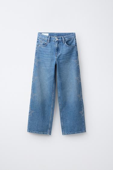JEANS WIDE LEG ESTRELAS STRASS - Azul da Zara