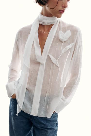 SEMI-SHEER BLOUSE WITH FLOWER - White by Zara - Image 1
