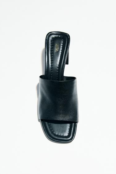 Zara 真皮粗跟穆勒鞋 - 黑色