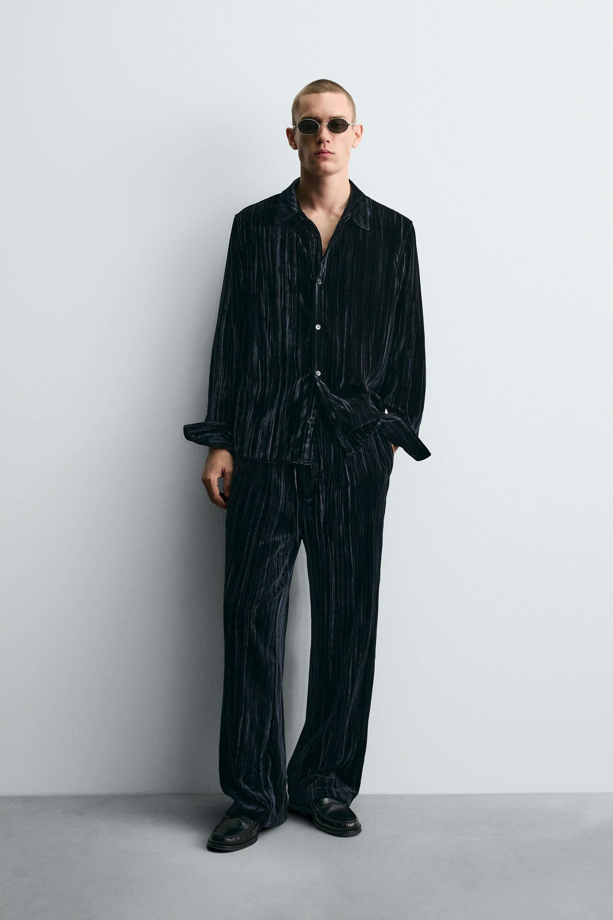 トップス Velvet Over Shirt PLEATED VELVET OVERSHIRT - Blue / Black | ZARA United States