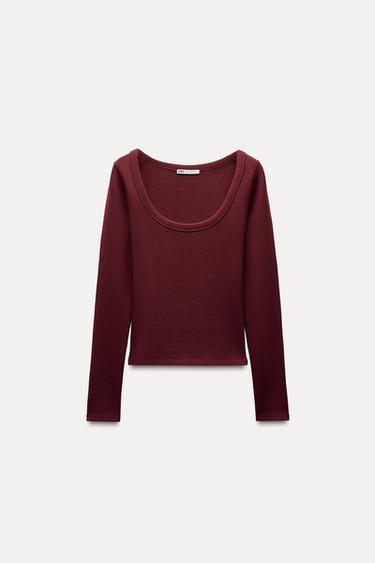 RIBBED LONG SLEEVE T-SHIRT - Burgundy by Zara
