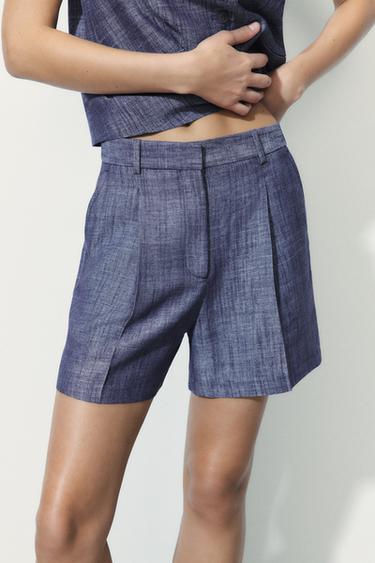 BERMUDA TIRO ALTO PLIEGUES - Índigo de Zara