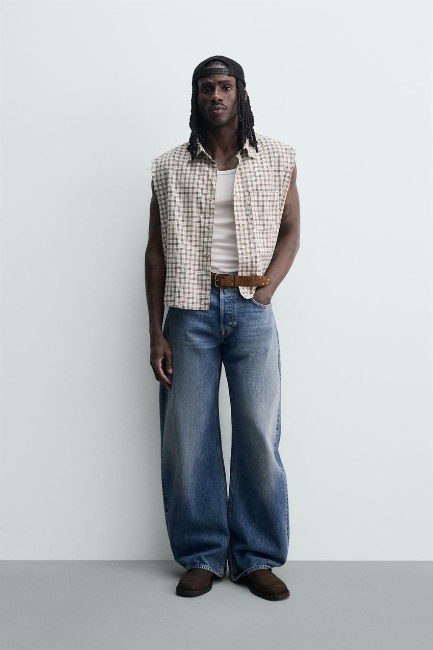 BOXY FIT PLAID TANK SHIRT - Beige | ZARA United States