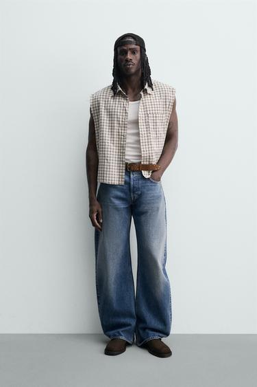 BOXY FIT CHECK TANK SHIRT - Beige by Zara - Image 0