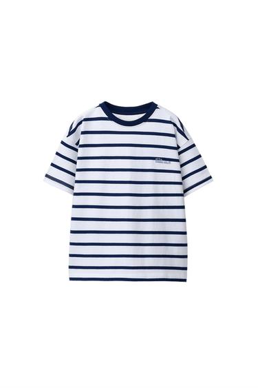 Zara HEAVYWEIGHT STRIPED TEXT T-SHIRT - Navys / Ecru