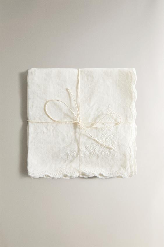 PACK OF EMBROIDERED WASHED LINEN HAND TOWELS (PACK OF 2) - Ivory by Zara - Image 0