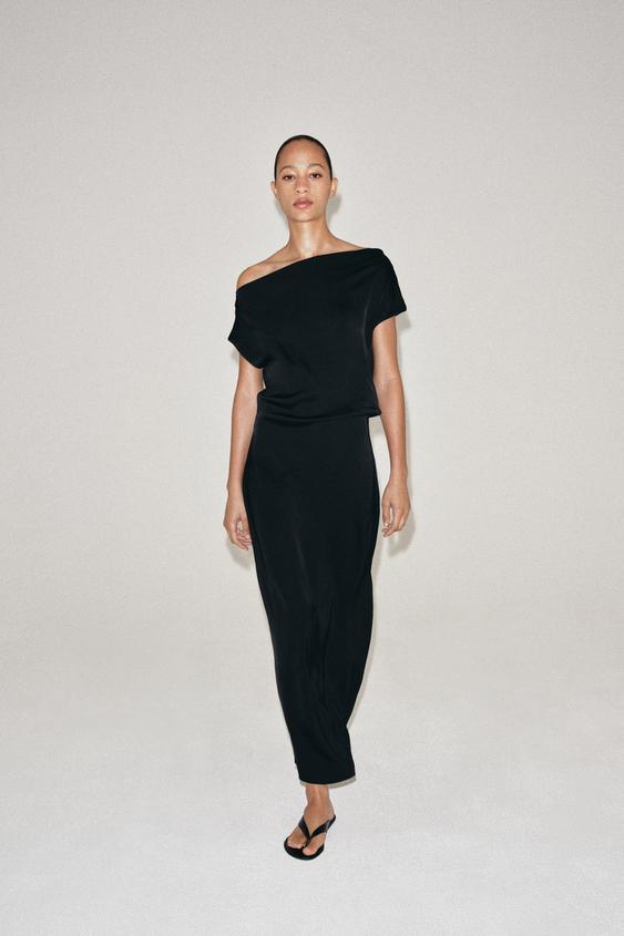 Zara ZW COLLECTION 不對稱緞面洋裝 - 黑色 - 圖片 0