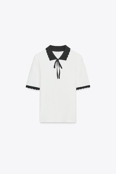 CONTRAST COLLAR T-SHIRT WITH BOW - White by Zara